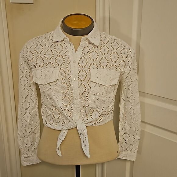 Guess Tops - Guess Women's Embroidery Eyelet Button Front Crop Tie Front Shirt Small White
